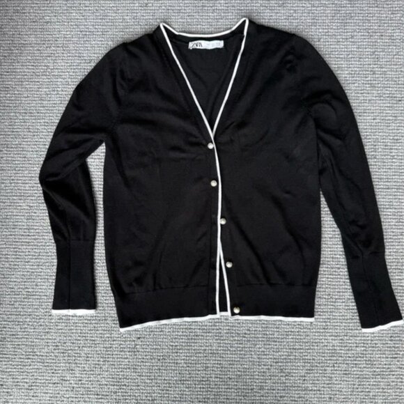 Zara Black Cardigan Pearl Button Down White Trim L - Picture 6 of 8